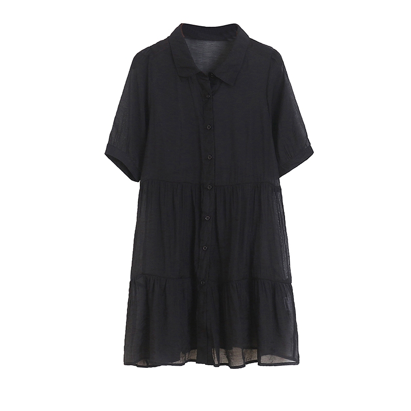 [ SEEK AND FIND ] 全新有吊牌，LUTIQUE，(黑色)微光澤面料兩層蛋糕裙長版短袖襯衫，透膚 !