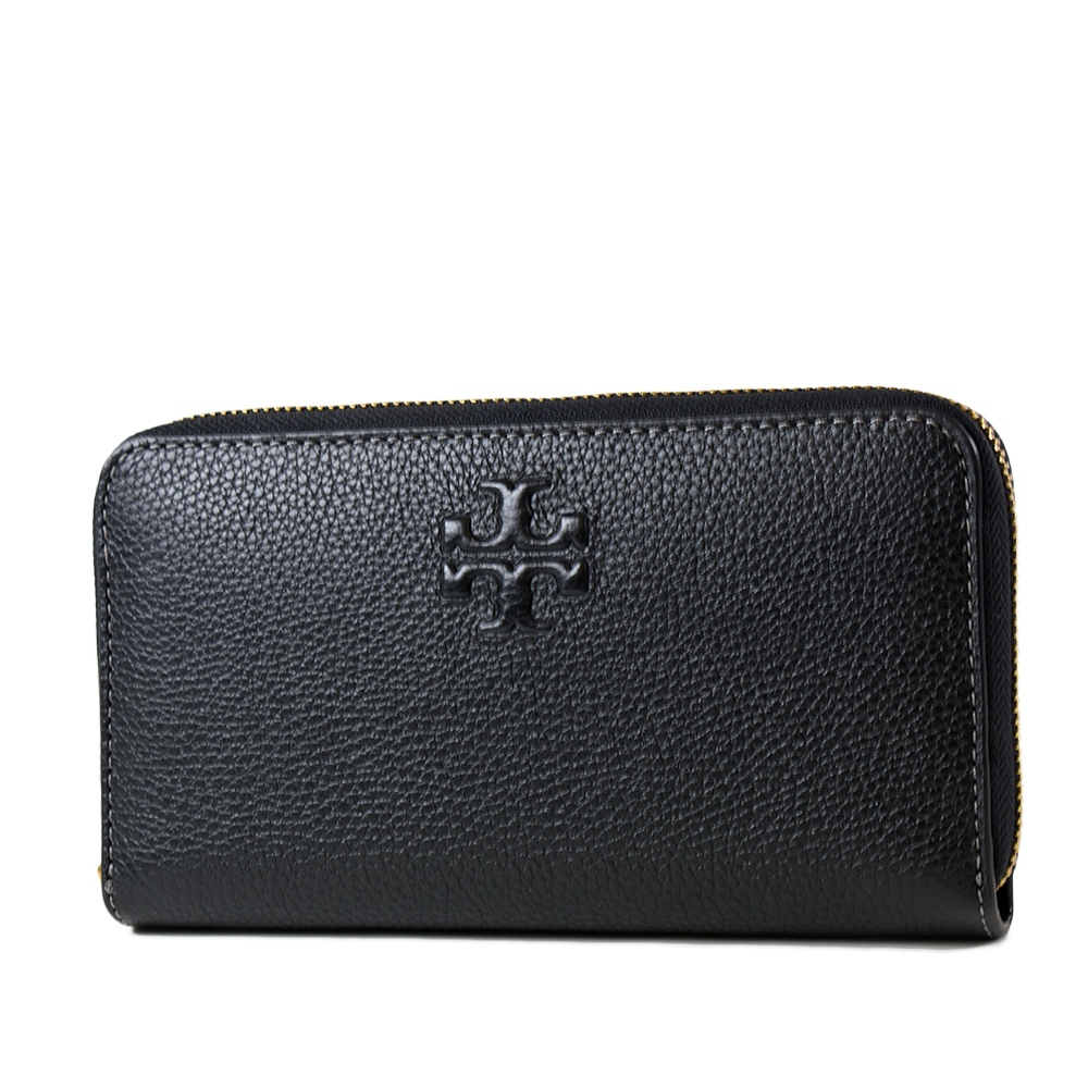 TORY BURCH THEA 浮雕LOGO荔枝紋拉鍊長夾-黑色/附活動卡夾  【美國正品現貨】