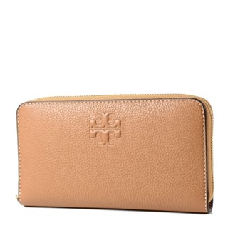 TORY BURCH THEA 浮雕LOGO荔枝紋拉鍊長夾-棕色/附活動卡夾 【美國正品現貨】