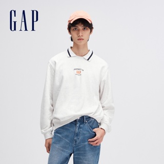 Gap 男裝 Logo印花翻領長袖上衣-淺灰白(885521)