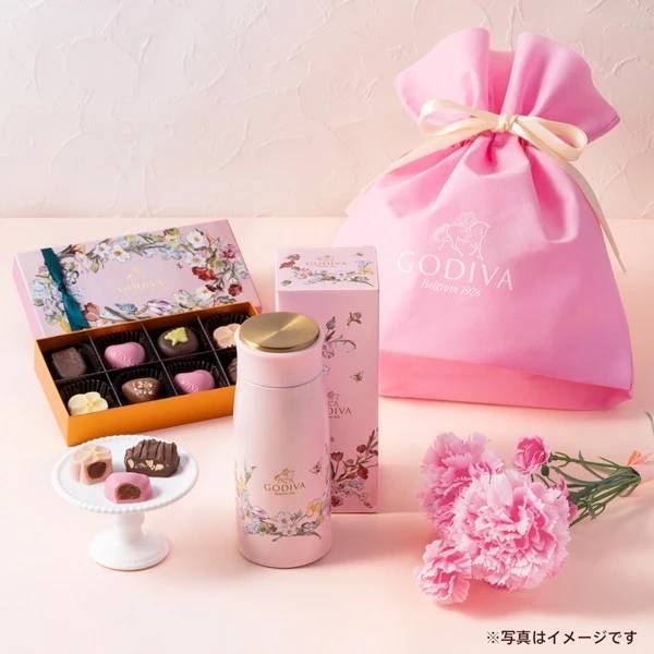 日本GODIVA 母親節限定巧克力 保溫壺 粉紅花朵套組禮盒