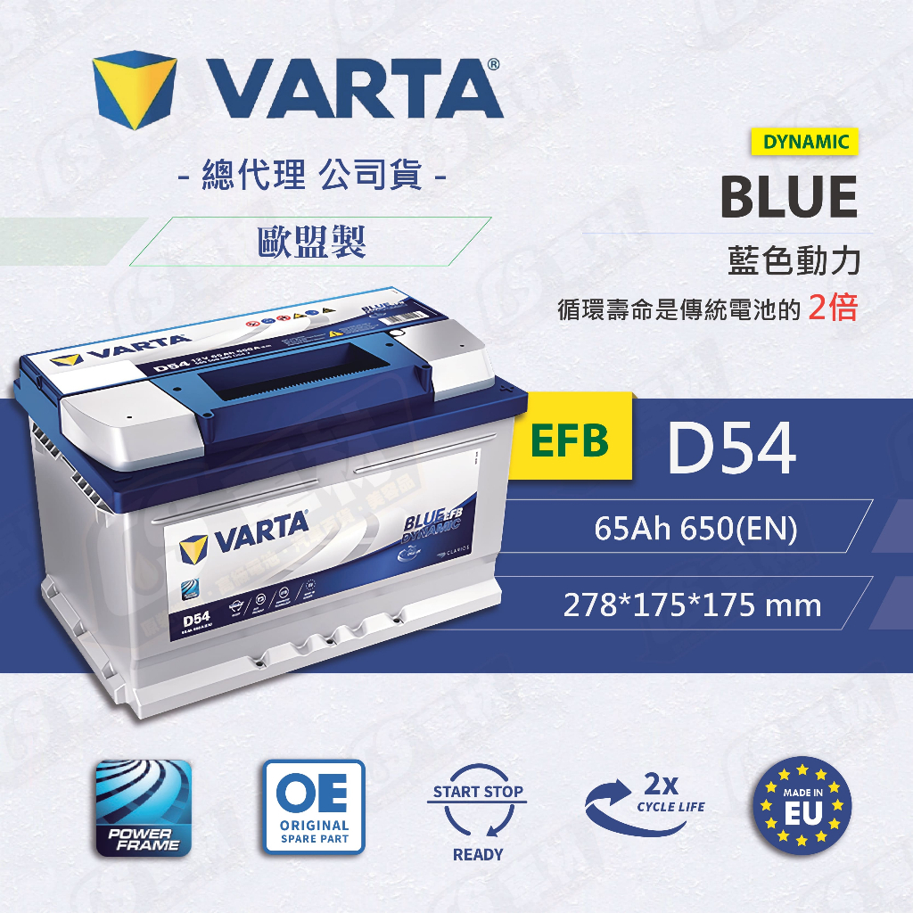 CS車材-VARTA 華達電池 D54 EFB 藍色動力 BLUE DYNAMIC 歐盟製 代客安裝 充電制御 免運費