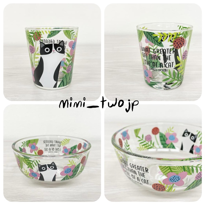 『米米兔日本雜貨店』現貨 日本製 Black and White cat 貓咪 花園 花朵 玻璃碗 點心碗 玻璃杯