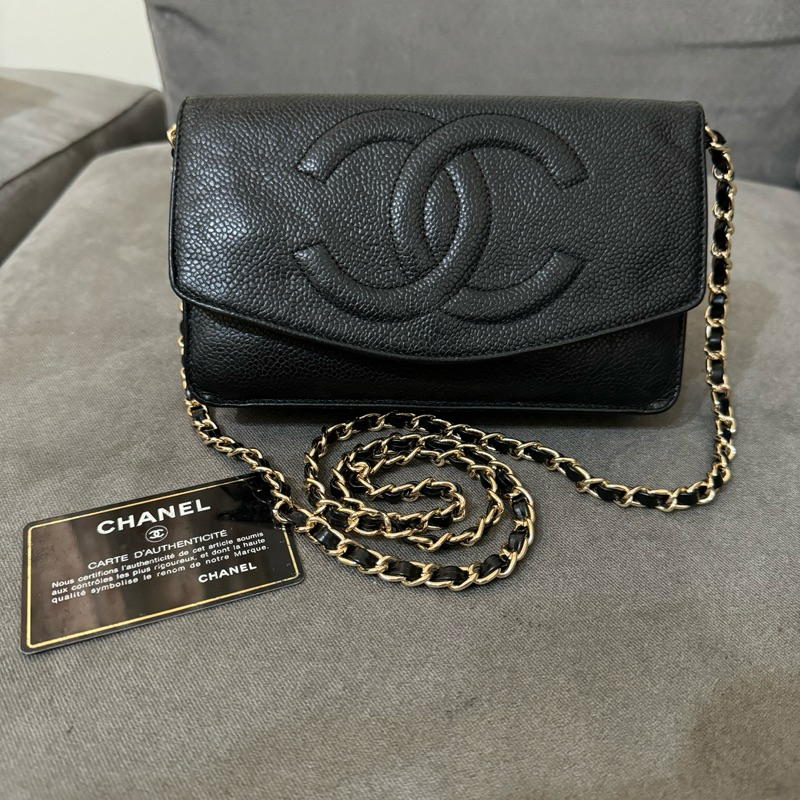 客訂在途 經典老香Chanel vintage woc  大logo 魚子醬荔枝牛皮 黑 金釦 手拿鏈條包 斜背包