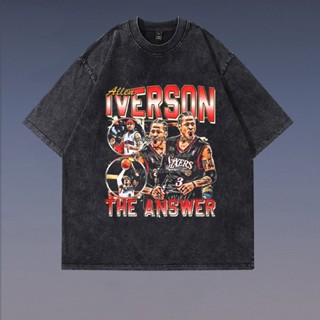 iverson籃球員 水洗做舊 短袖 T恤 短袖上衣 美式復古 ins風 oversize 寬鬆 短t 夏天衣服
