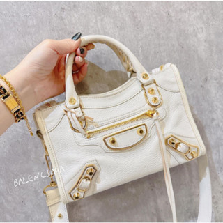 二手旗艦 BALENCIAGA 巴黎世家 白色 金釦 MINI City 機車包 小羊皮 斜揹包(中友店)