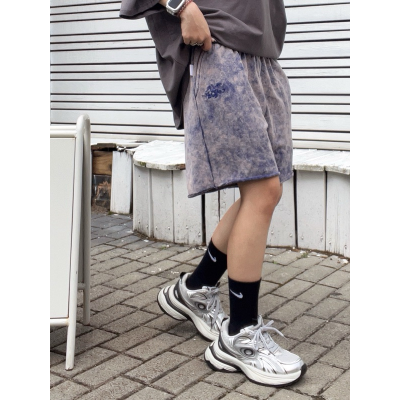 韓國🇰🇷ins x rawoo 美式不修邊繡印渲染雪花棉短褲 歐巴 街頭 寬鬆顯瘦 連線款