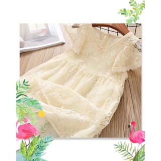 💐全新現貨女童韓版米白色蕾絲花朵網紗飛袖公主裙洋裝禮服畢業服130碼💐