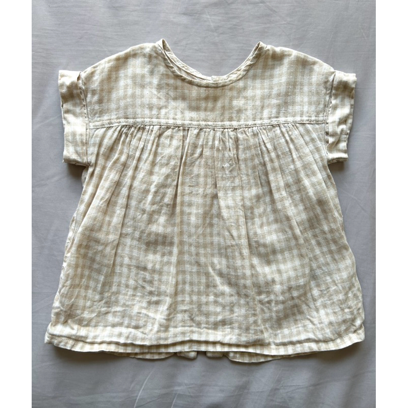 二手童衣童裝-女寶 無印良品Muji 奶茶色格紋排釦短袖洋裝上衣 #80cm