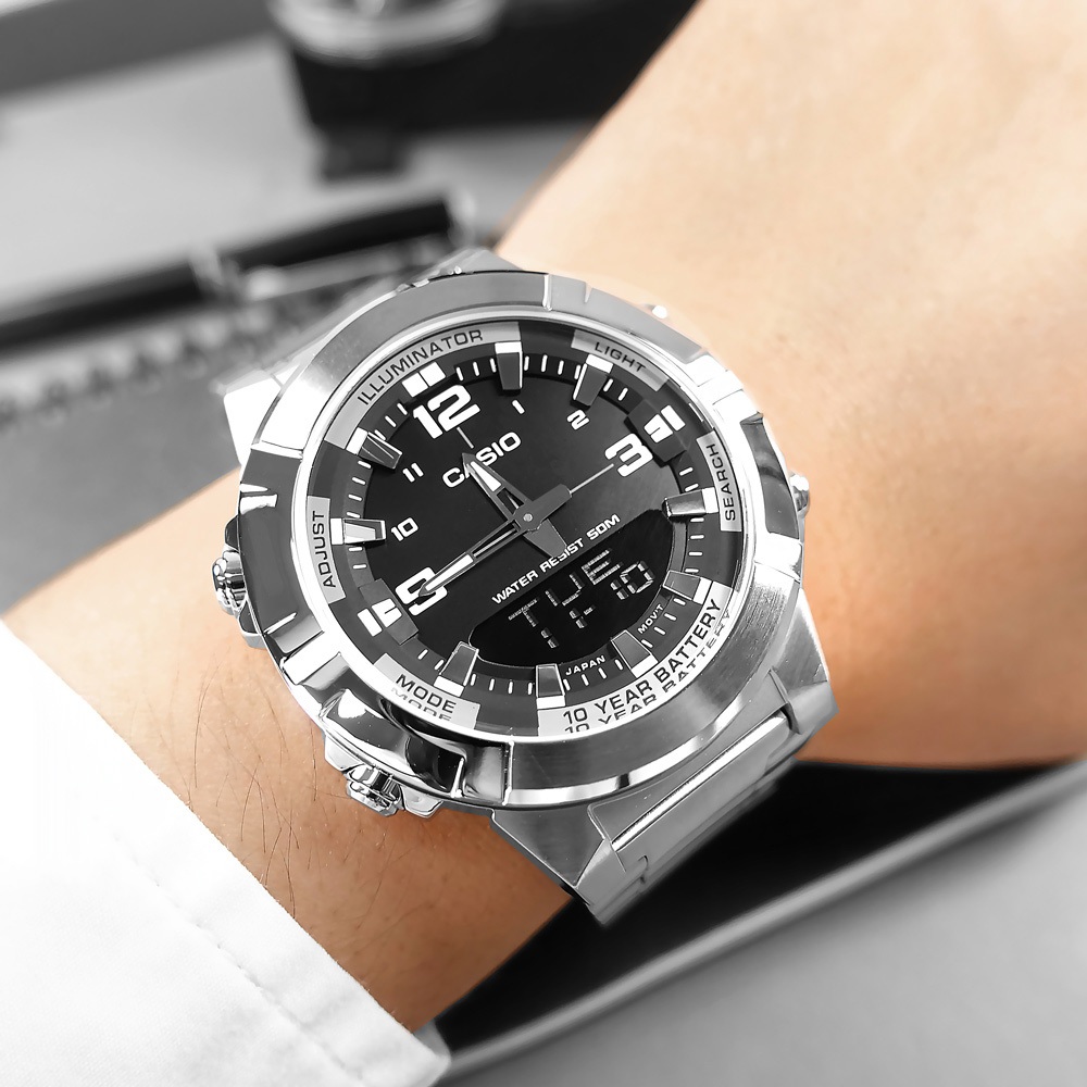 【WANgT】CASIO 卡西歐 AMW-870D-1A 十年電力 數位雙顯 世界時間 計時 不鏽鋼腕錶 手錶 44mm