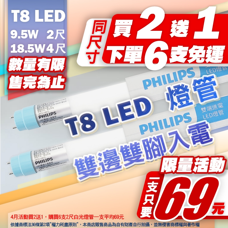 [喜萬年] 我更便宜 買二送一6支免運 飛利浦 LED 燈管 9.5W 18.5W T8 4尺2尺 雙端入電 無藍光 燈