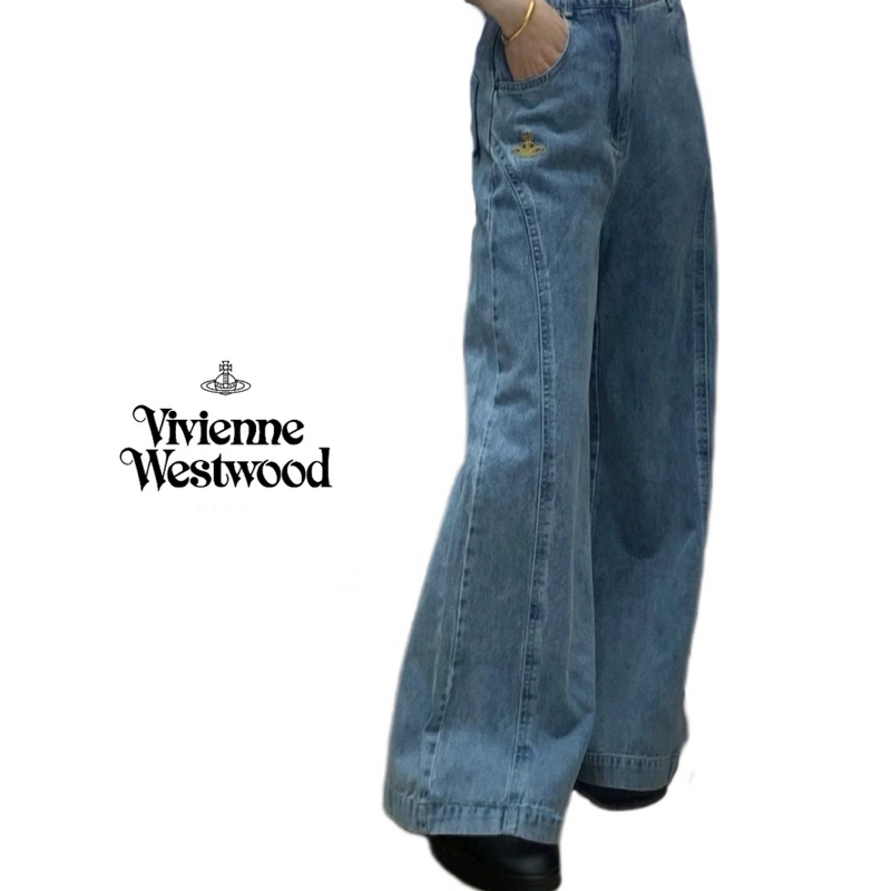 ▫️代購▫️Vivienne Westwood薇薇安土星刺繡闊腿寬鬆復古深藍淺藍喇叭高腰牛仔褲