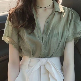 【奈斯優品】薄荷 曼波風 小衫 茶歇 法式 氣質 2024新款 漂亮 上衣 綠色襯衫 短袖 夏裝女