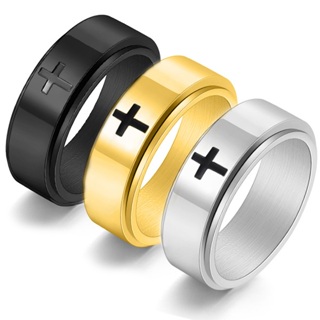 【QR-589】精緻個性簡約基督教運轉十字架鋼戒指/戒環(二色)