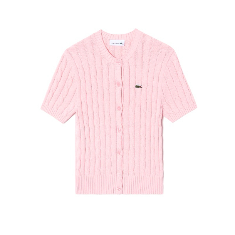 Lacoste 韓國限定 短袖麻花針織開衫外套 粉色