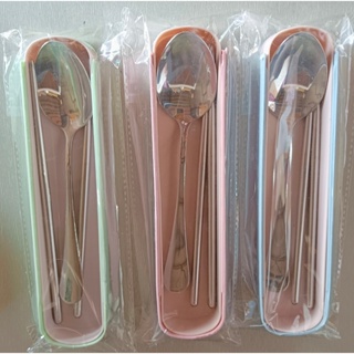 不鏽鋼 3件式餐具組 個人用名仕餐具組 3件式(餐具盒+筷子+湯匙) 粉綠 粉藍 粉紅三色