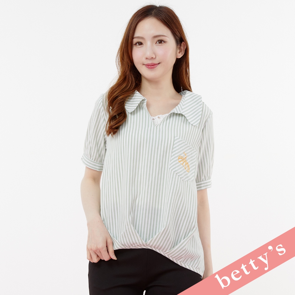 betty’s貝蒂思(31)直條紋刺繡貝蕾帽短袖上衣(淺綠色)