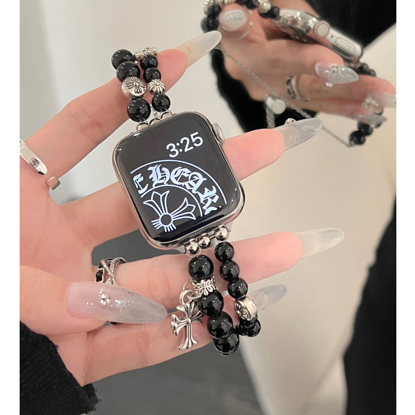 適用iwatch錶帶黑白克羅心貓眼鍊條S9新款 蘋果ultra2手錶applewatch錶帶 適用蘋果手錶49mm