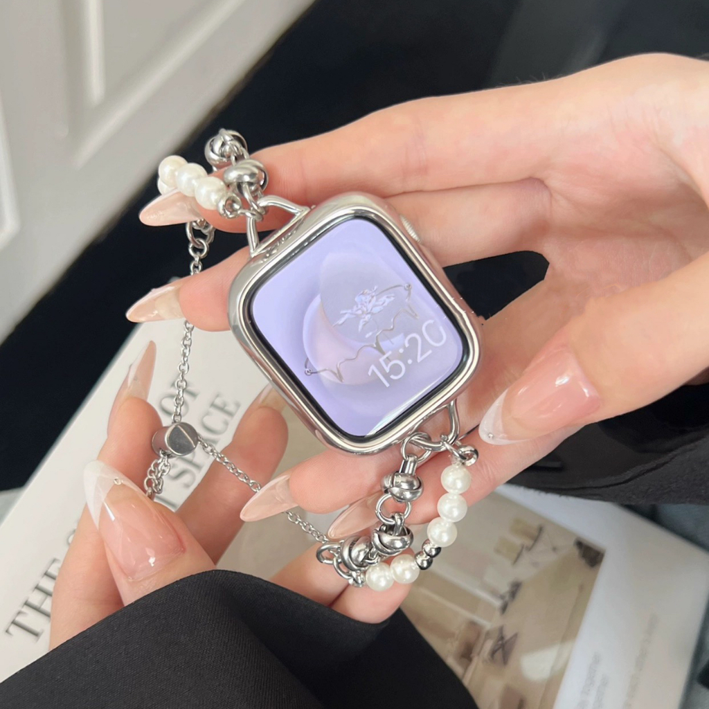 珍珠金屬鏈錶帶 適用於 Apple Watch S9 8 7 6 5 SE 手錬錶帶 45mm 49mm 女士蘋果錶帶