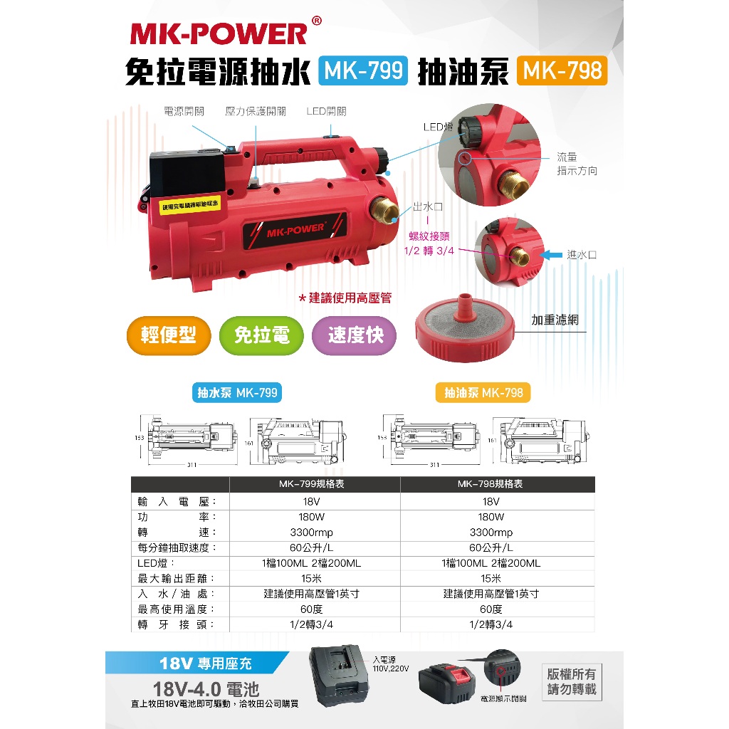 沅楷工具五金 MK-POWER MK-798 18V抽油泵浦 電動抽油機 電動抽油泵 快速抽油 機油 柴油 海水