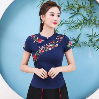 中國風 女裝 夏裝 新品 唐裝 中式改良旗袍 上衣 復古大碼修身 短袖 T恤女