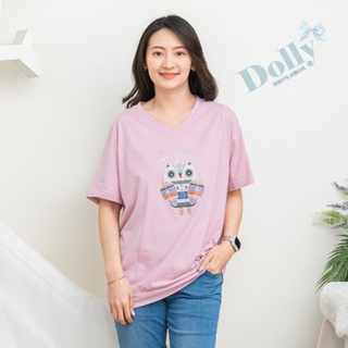 Dolly多莉大碼專賣店 台灣現貨 大尺碼V領民族風貓頭鷹圖冰棉T恤(粉紫色) 229