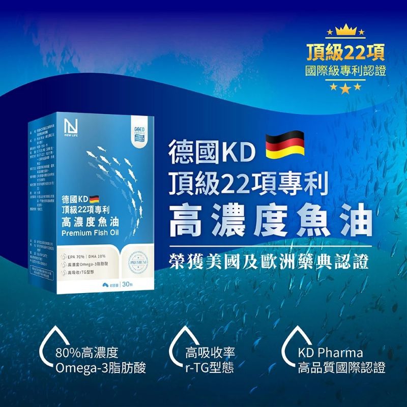 NEW LIFE 德國KD頂級22項專利高濃度魚油軟膠囊(30顆/盒)