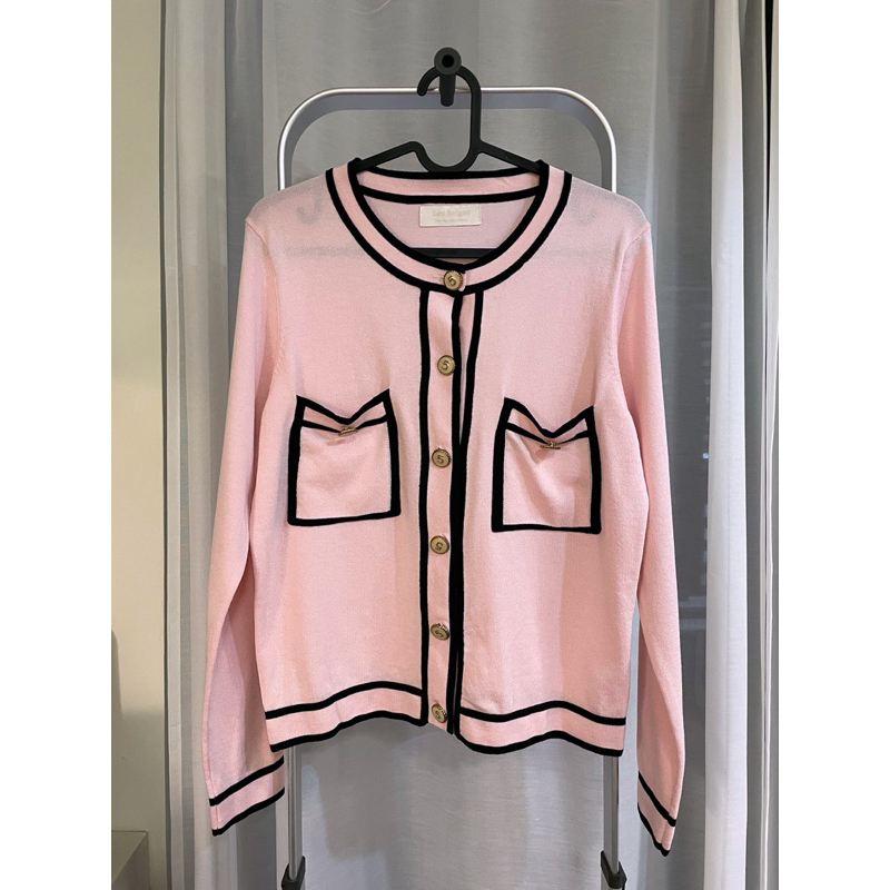 韓國小香風粉色黑線涼感針織經典外套