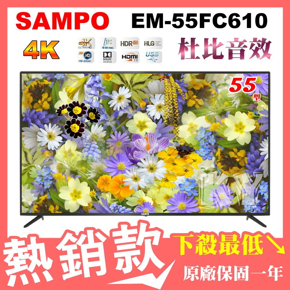 『歡迎自取✔️聊聊價9900』SAMPO聲寶 55吋4K電視 EM-55FC610 杜比音效 原廠一年保固 含運