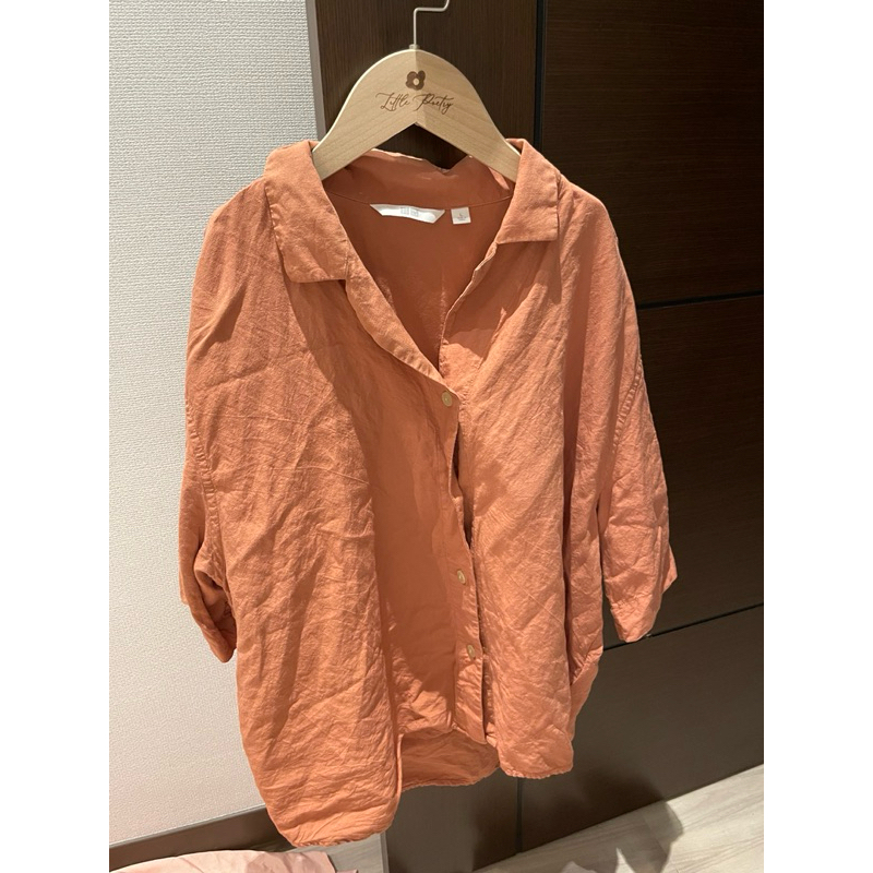 ［二手］Uniqlo亞麻混紡開領襯衫/XL號/深粉色