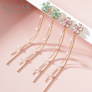 絢彩家【OSMAR】晶鑽花朵珍珠流蘇 無耳洞黏貼式耳環 附10對貼紙補充包