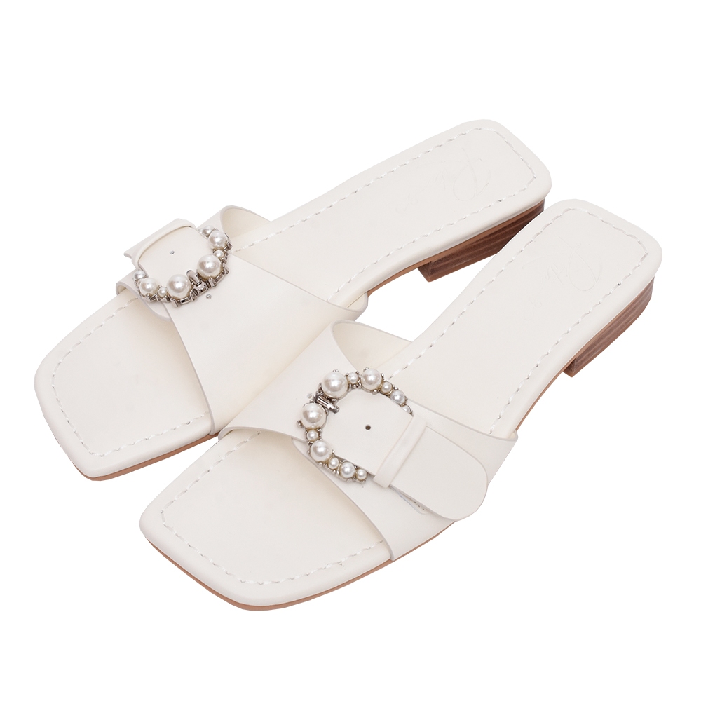 ANNSTAR RITA聯名-一抹輕甜可調節珍珠釦平底涼鞋-白(版型偏小)