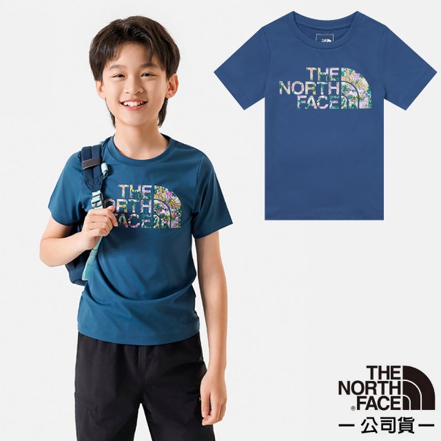 【The North Face】兒童/男童/女童 吸濕排汗防曬炫彩LOGO短袖T恤 休閒衫 運動上衣_藍色_88H6