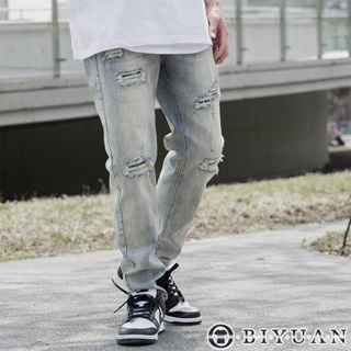 【OBIYUAN】牛仔褲 韓國 高品質 彈性 仿舊 水洗 破壞 單寧 長褲【GJ6103】