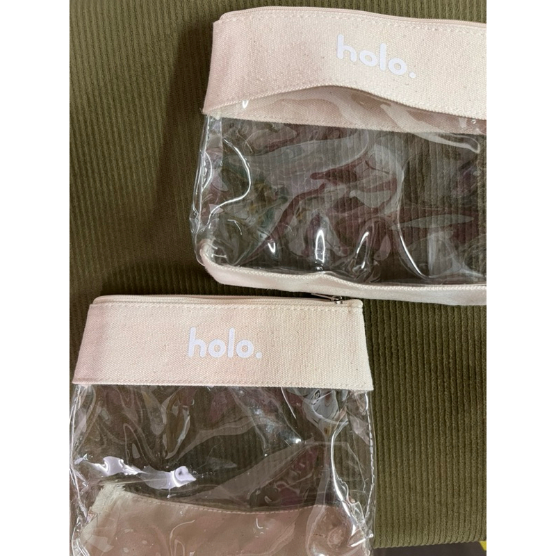 現貨近全新holo.字樣帆布塑膠拼接透明立體三角拉鍊防水化妝包