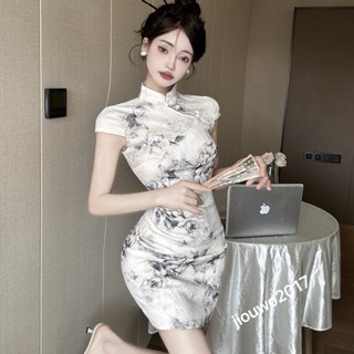【隔日到】特價新款S-L 中式盤扣開叉旗袍裙女夏優雅水墨金絲花國風收腰顯瘦短袖小洋裝禮服度假聚會休閒生日派對約會裝扮