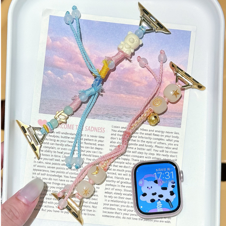 粉藍多巴胺可愛錶帶 女士手繩錶帶 適用於Apple Watch s987654321 SE 蘋果錶帶 45mm錶帶