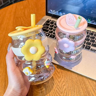 【臺灣現貨 送可愛杯貼】官耳520ml花花杯 夏季女生水杯 高硼矽玻璃杯 辦公室耐高溫 牛奶杯 咖啡杯 水杯學生可愛早餐