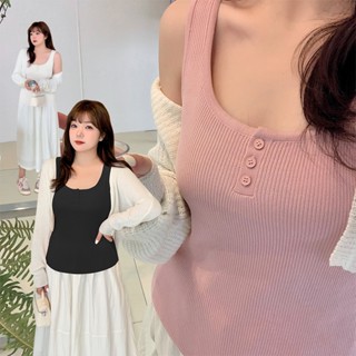 CCGIRL中大尺碼 美式針織坑條排釦方領寬肩背心(可開釦)-共3色-適L～4L《Y0227寬肩》大尺碼女裝中大尺碼背心