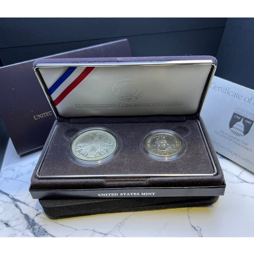 1989美國憲法200周年紀念銀幣壹圓、紀念銅幣1/2元 同盒套組