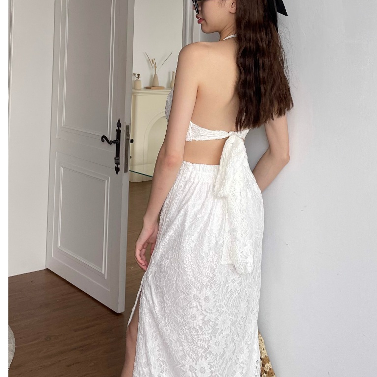 【DOEFF現貨】蕾絲露腰美背削肩長洋 生日洋裝 禮服洋裝 連衣裙 連身洋裝 長洋裝 度假洋裝 白色洋裝 露背洋裝