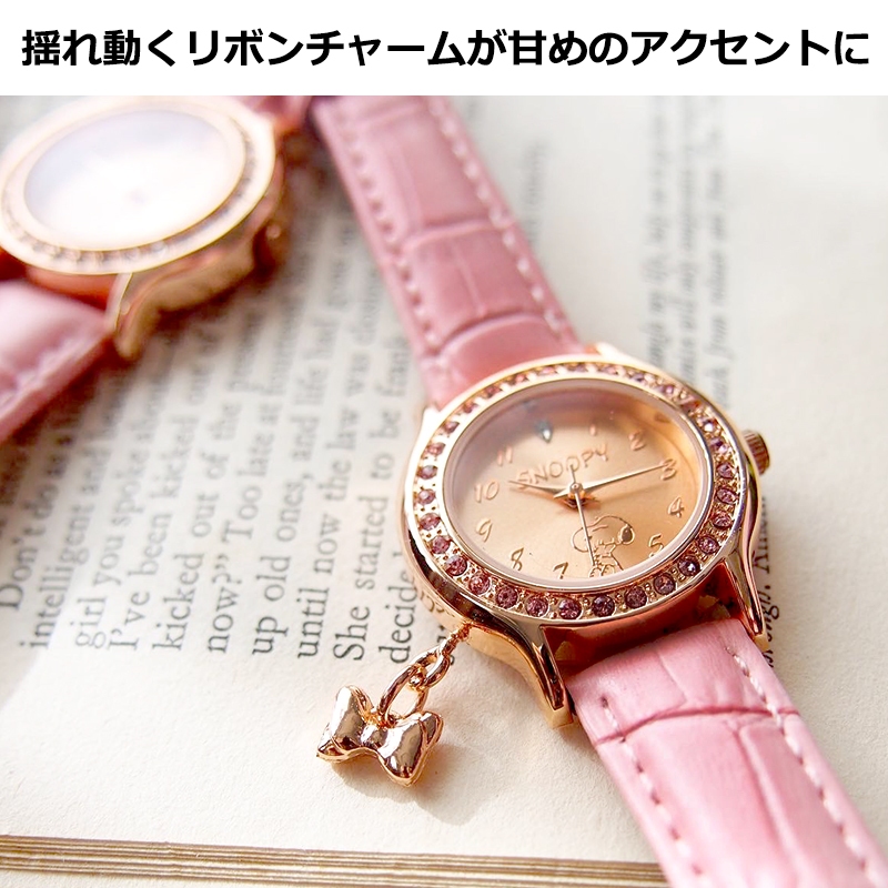 風和屋💖日本進口 正版 史努比 手錶 施華洛世奇 天然石x壓紋本革 蝴蝶結綴飾 指針錶 石英錶 女錶 腕錶 G32