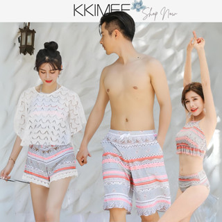 KKimee【現貨+預購】 👙情侶裝【罩衫+短褲】4件式圖騰度假比基尼罩衫泳裝【CPA114】 bikini 大尺碼
