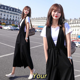 【Your】大尺碼套裝 夏季套裝女2024新款穿搭小香風洋氣短袖上衣遮肚顯瘦背帶褲兩件套
