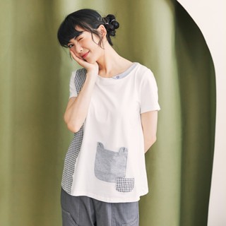 【Dailo】貓咪口袋格紋拼接短袖上衣 白 綠 卡 (魅力商品)