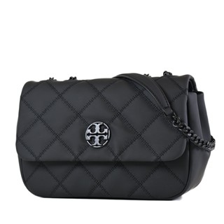 TORY BURCH WILLA 黑LOGO菱格翻蓋肩背/斜背二用包-黑色/小 【美國正品現貨】