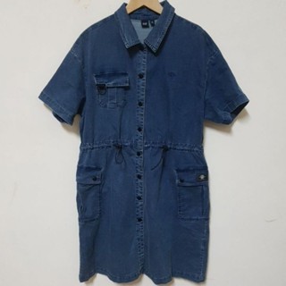 二手少穿+釦子有損: GAP 女裝 Logo工裝抽繩翻領短袖洋裝 M 藍色(872417)