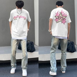 【重磅純棉】美式短袖 男生上衣 星星印花 t恤 寬鬆短t 情侶裝短tee 厚磅寬鬆上衣 落肩體恤 圓領大尺碼 休閒衣服