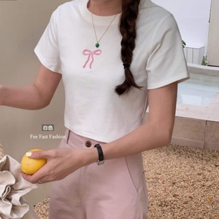 【Fee現貨3色】正韓立體蝴蝶結短版上衣🔥女上衣 蝴蝶結上衣 女t恤 短袖 圓領上衣 棉T 白色T恤 韓系穿 韓國