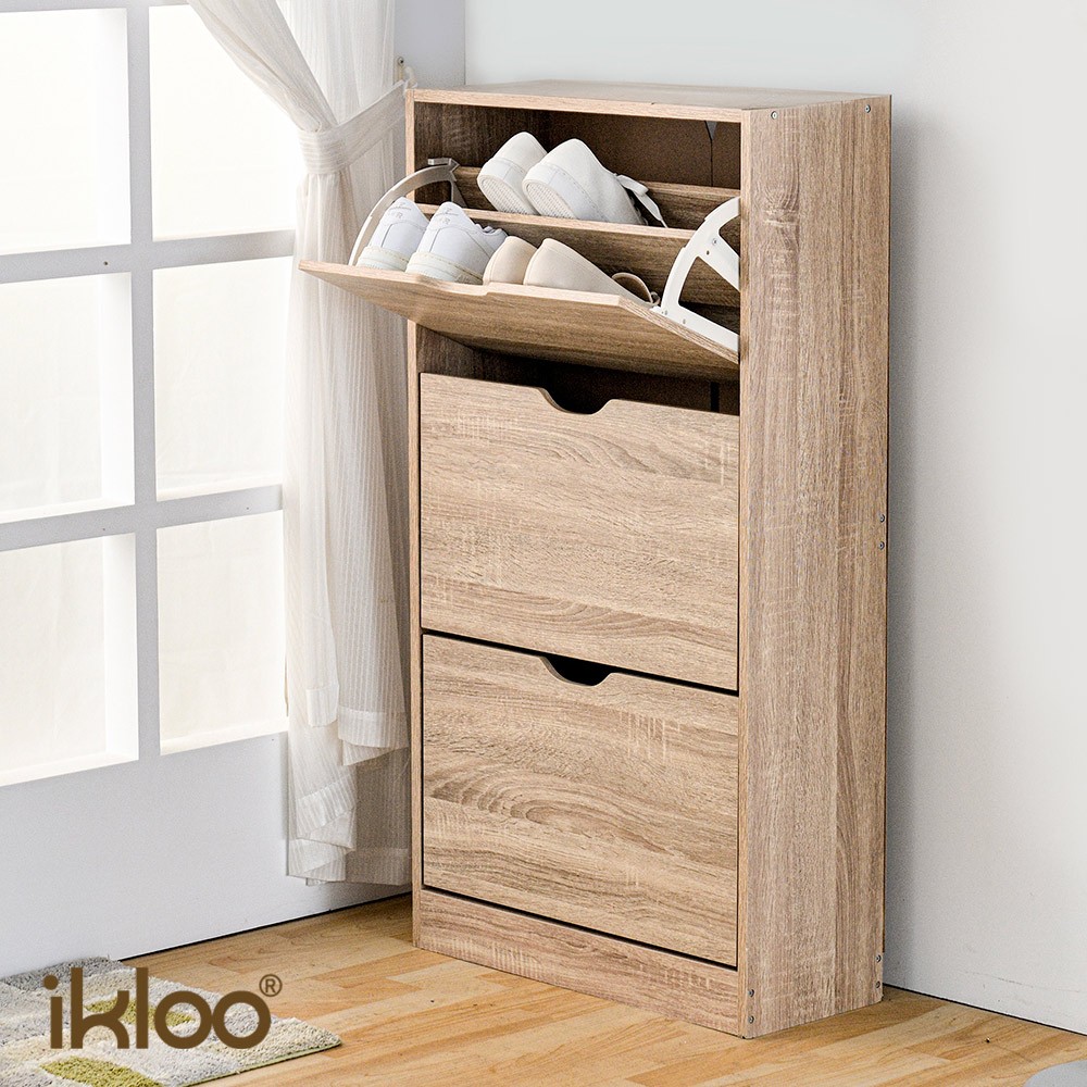【ikloo】新色上市-大容量薄型拉門三層鞋櫃-木紋款